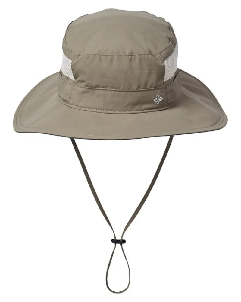 Columbia® khaki booney hat with mesh sides and chin strap for sun protection.