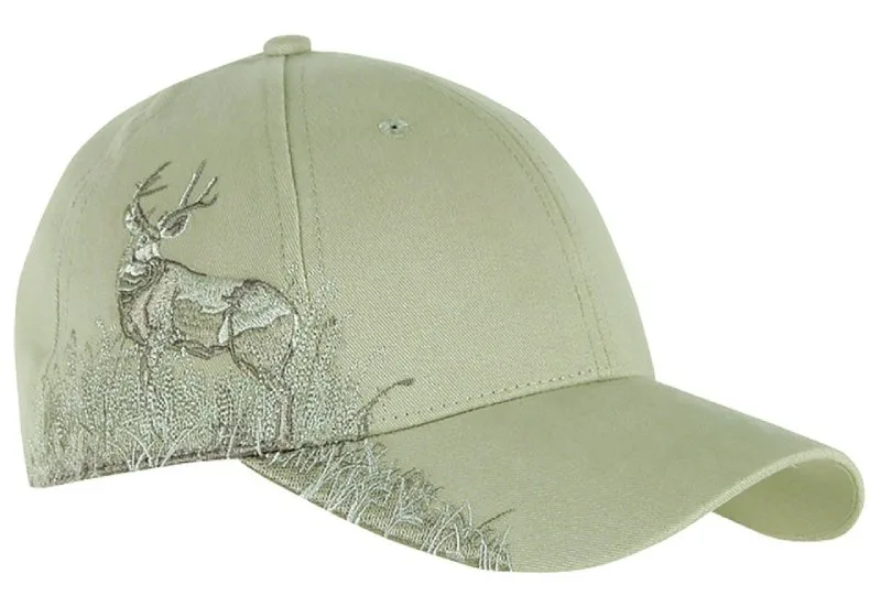 Dri Duck® camo cap with embroidered deer and mid-profile structured fit.