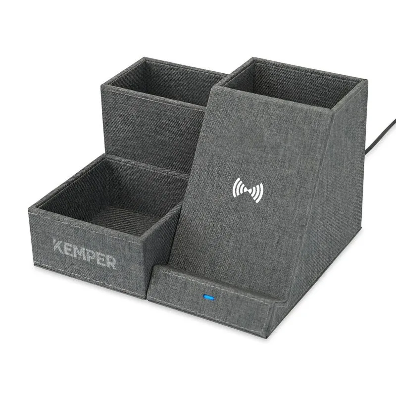 Wireless charging desk organizer with fabric compartments and branded promotional logo customization