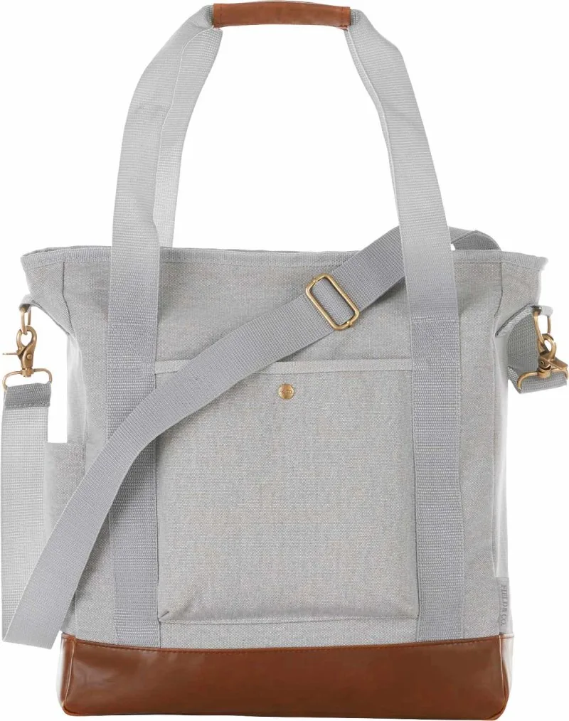 Canvas tote bag with leather trim, adjustable shoulder strap and custom embroidered logo