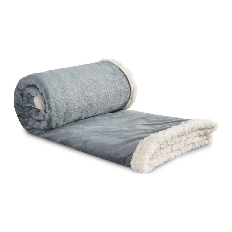 Rolled gray sherpa fleece throw blanket with soft plush interior for promotional corporate gifts