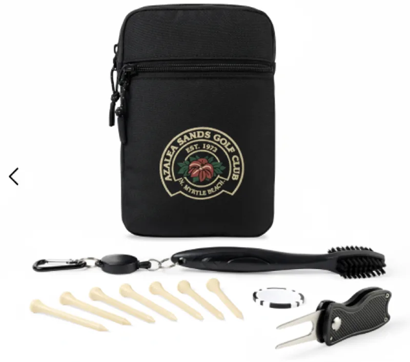 Custom branded golf accessories pouch with divot tool, tees, brush and ball marker