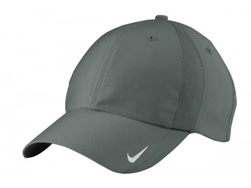 Nike® gray performance cap with swoosh logo and moisture-wicking fabric.