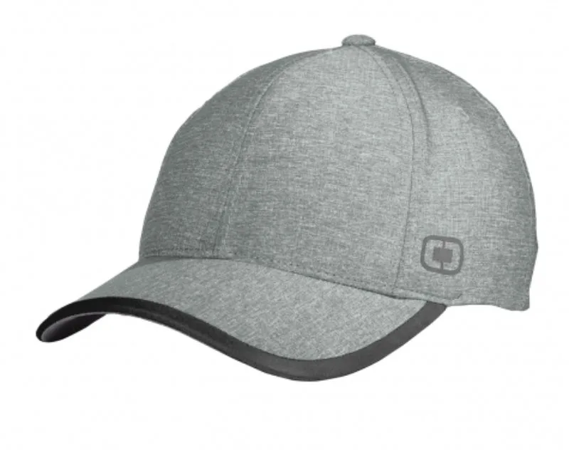 Gray OGIO® performance cap with contrast trim and moisture-wicking fabric.
