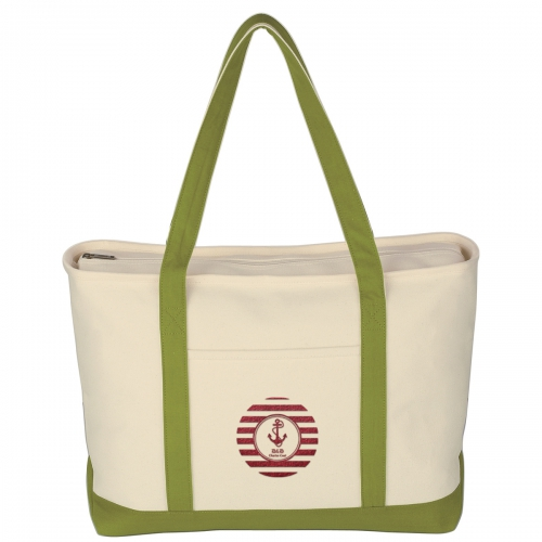 Canvas tote bag with green handles, front pocket and custom logo.