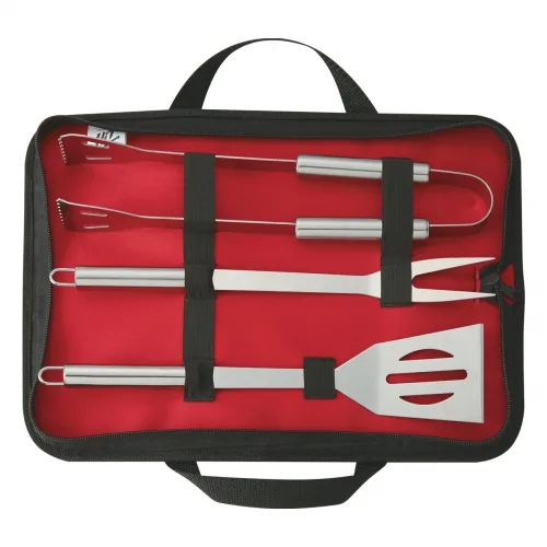 Custom bbq set in red with tongs, fork, and spatula.