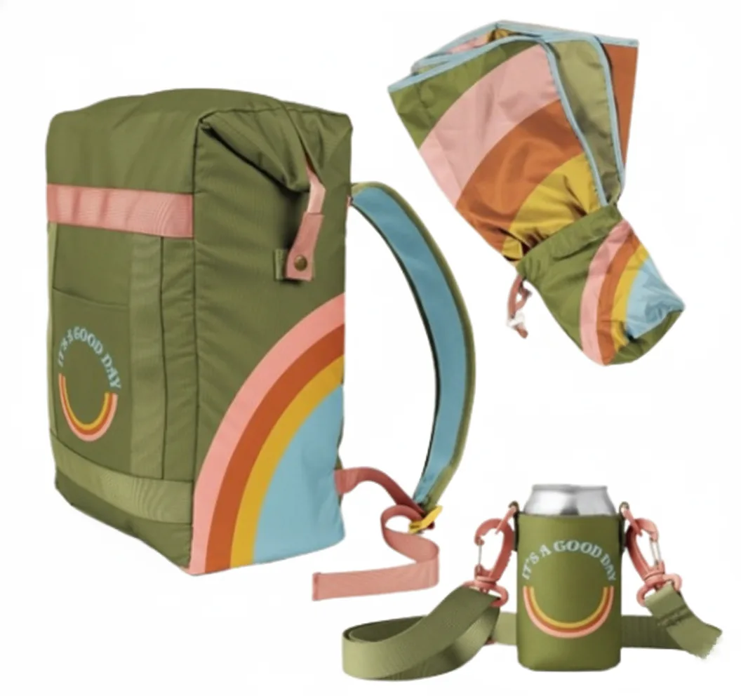 Rainbow stripe promotional backpack set with blanket, water bottle holder and custom logo branding