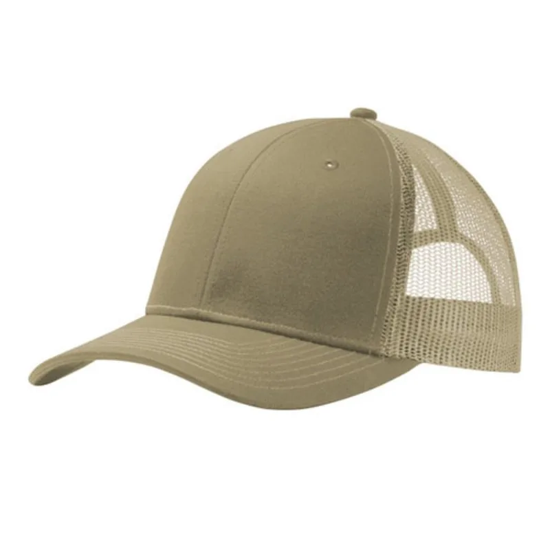 Khaki Port Authority® trucker cap with mesh back and adjustable snap closure.