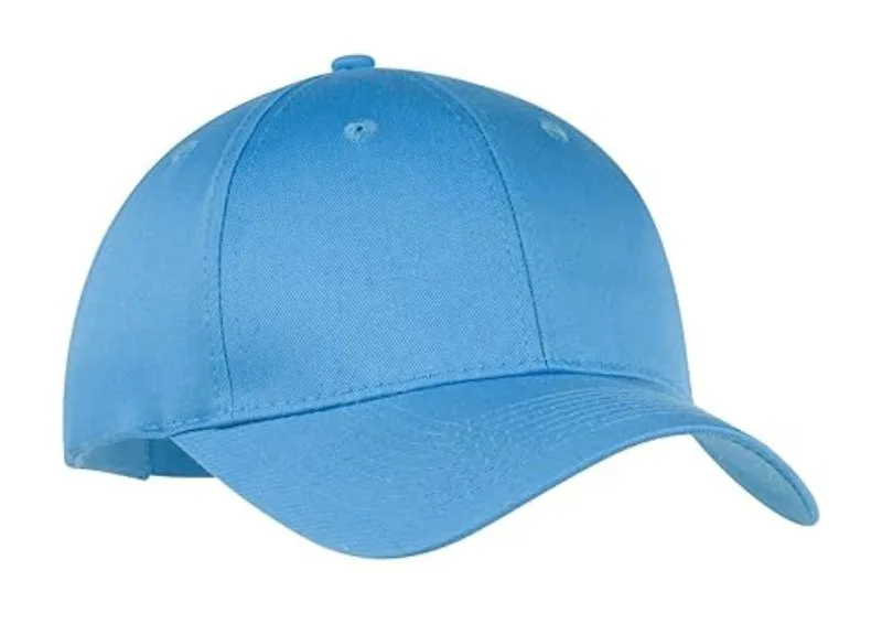 Light blue Port & Company® six-panel twill cap with curved bill and relaxed fit.