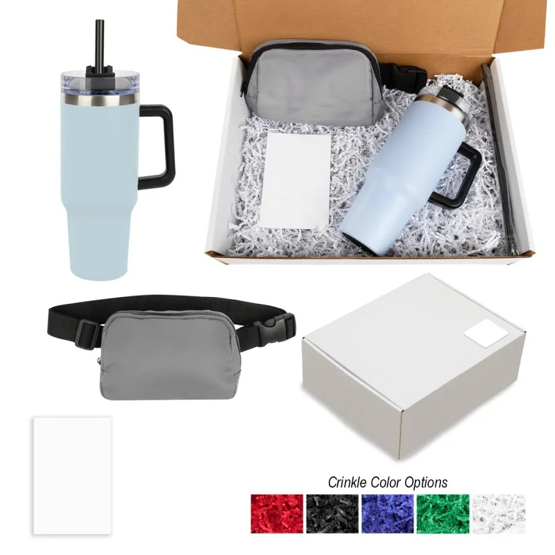 Corporate gift box set with insulated tumbler, fanny pack and customizable crinkle paper packaging