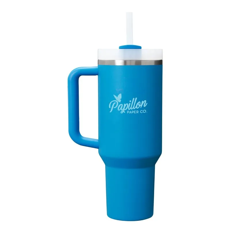 Blue insulated tumbler with straw and handle featuring custom Papillon Paper Co logo