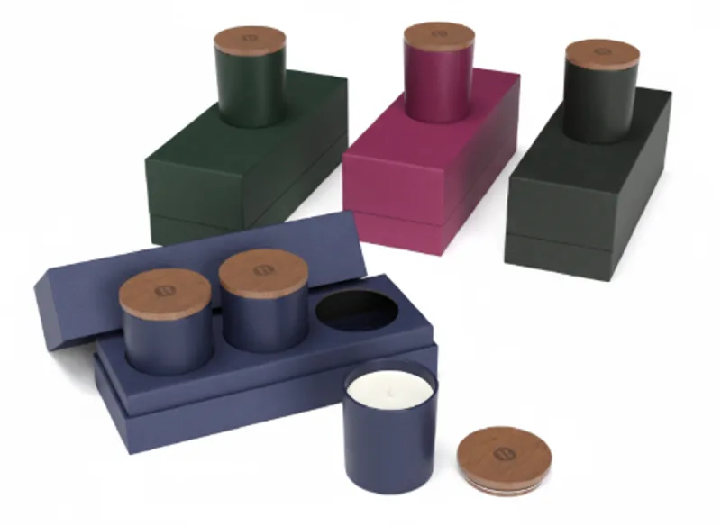 Luxury candle gift sets with wooden lids in multiple colors for corporate gifting. AI-generated