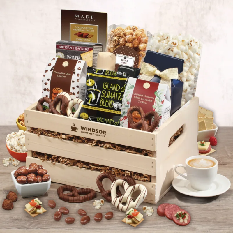 Gourmet coffee gift basket with chocolate, popcorn, crackers and artisan snacks crate