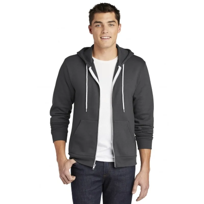 American Apparel charcoal zip-up hoodie with white drawstrings and custom printed logo