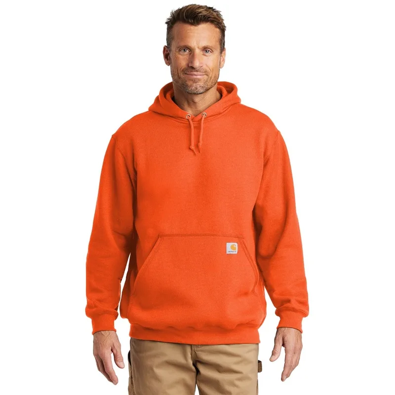 Orange Carhartt Midweight Hoodie featuring front pouch pocket and branded logo patch