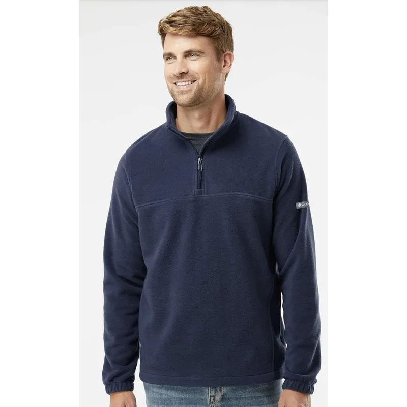 Columbia Steens Mountain navy blue quarter-zip fleece sweatshirt with embroidered company logo on sleeve
