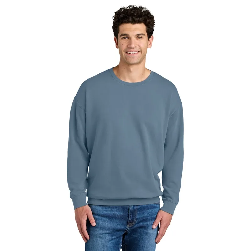 Comfort Colors blue crewneck sweatshirt with garment-dyed finish and custom printed logo.