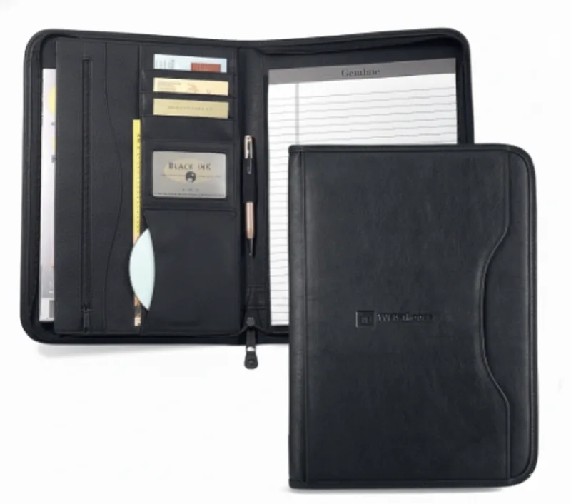 Black leather zippered padfolio portfolio with notepad, business card slots and pen holder