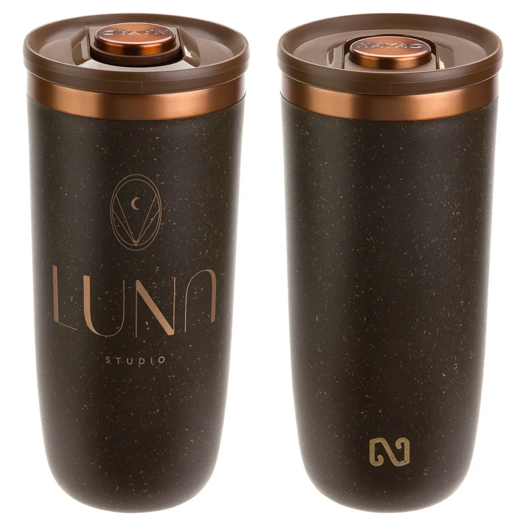 Brown and gold branded coffee tumblers