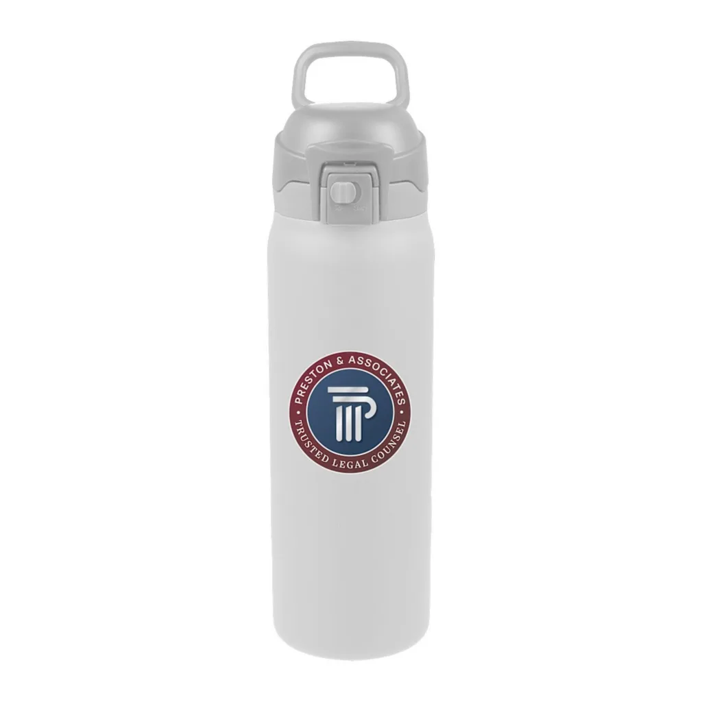 White stainless steel water bottle with logo