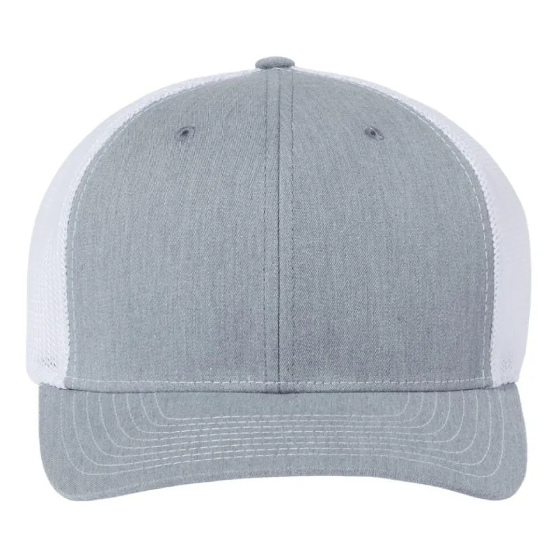 Gray and white Richardson® trucker cap with structured crown and curved brim.
