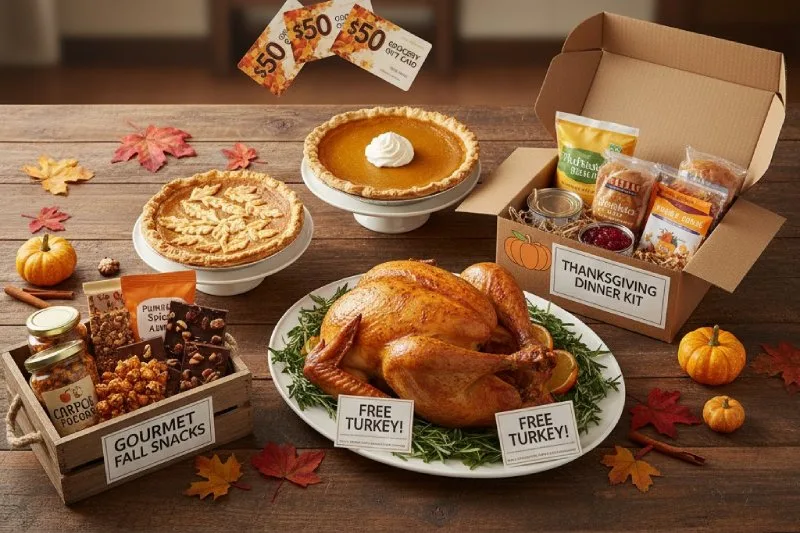 Thanksgiving dinner spread with turkey, pies, snacks, and meal kits illustrating Thanksgiving food giveaway ideas. AI-generated.