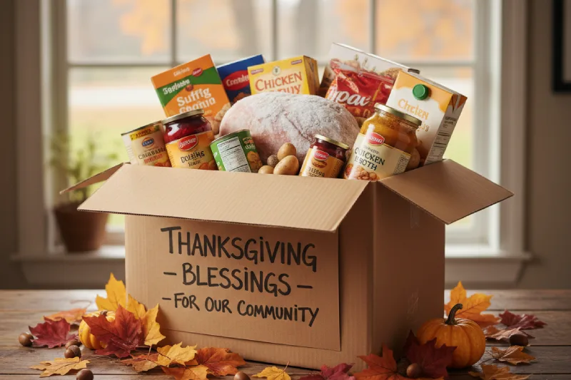 Box filled with Thanksgiving groceries labeled blessings for community, showing charitable Thanksgiving meal giveaway ideas. AI-generated.