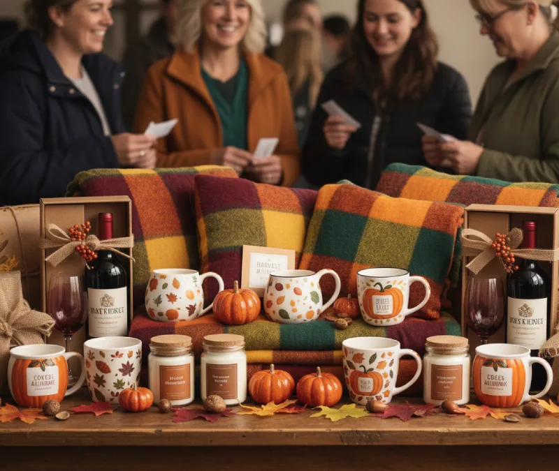 Table with mugs, blankets, candles, pumpkins, and wine promoting seasonal home giveaway ideas and hosting tips. AI-generated.