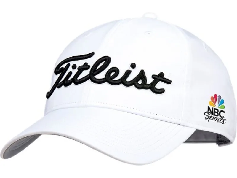White Titleist® golf hat with black logo embroidery and NBC Sports branding.