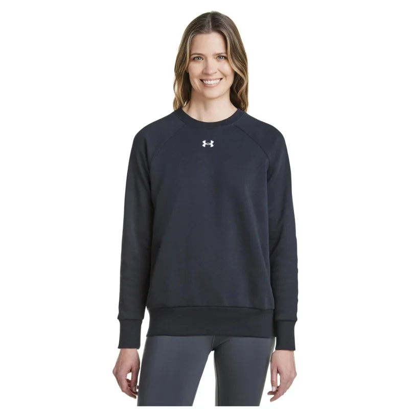 Model wearing a navy Under Armour sweatshirt with crewneck design and logo on the chest, ideal for branded athletic or corporate apparel.