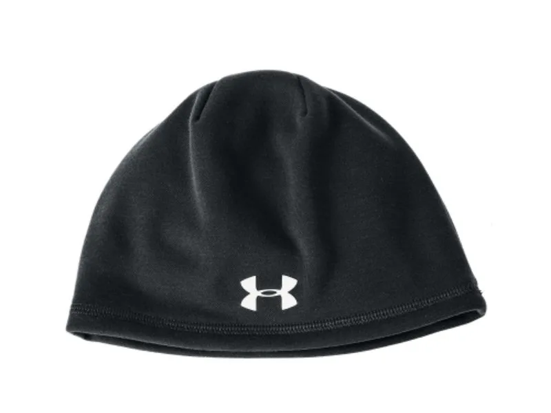 Black Under Armour® performance beanie with logo and water-repellent fabric.