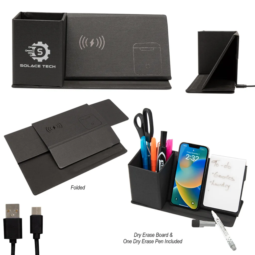 Black desk organizer featuring wireless phone charging pad, dry erase board and storage compartments