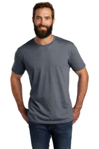 Man modeling dark heather Allmade sustainable tri-blend t-shirt made from recycled materials for promotional apparel