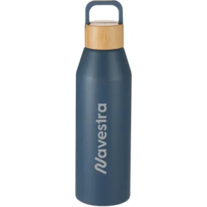 Navy blue recycled aluminum water bottle with sustainable bamboo lid and custom logo