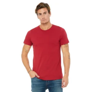 Man wearing red BELLA+CANVAS unisex jersey t-shirt with soft ring-spun cotton for branded apparel