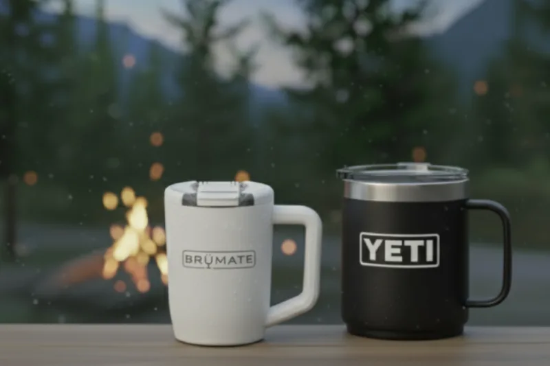 BrüMate white insulated mug compared to black YETI Rambler coffee mug with handles