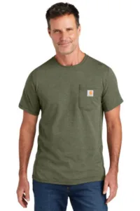 Man wearing olive Carhartt Force moisture-wicking work t-shirt with chest pocket for workwear branding