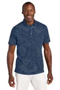 Carhartt Force Sun Defender men's polo in navy blue with tonal tropical palm print pattern
