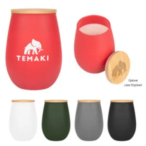 Vanilla scented soy wax candle in glass container with sustainable bamboo lid for branding