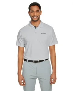 Columbia Utilizer men's polo shirt in light gray with a contrasting navy three-button placket and an embroidered Columbia logo