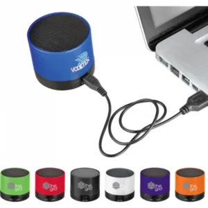 Compact cylinder Bluetooth speaker in multiple colors with custom logo for promotional events