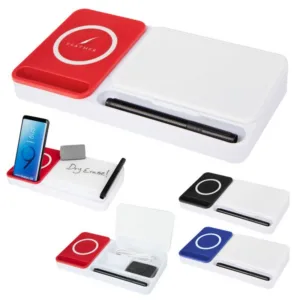 White desk organizer featuring wireless phone charging pad, dry erase board and storage compartments