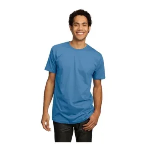 Man modeling blue District Perfect Weight t-shirt with contemporary fit for custom company apparel