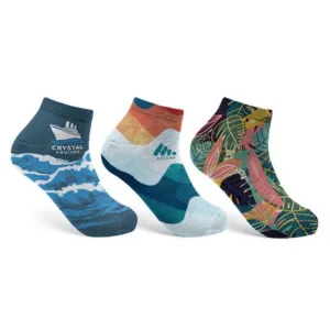 Custom printed ankle socks with vibrant full-color designs featuring ocean and tropical leaf patterns