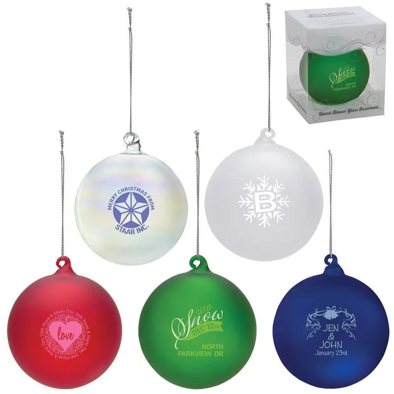 Hand-blown glass ornaments in frosted colors with custom logo imprints