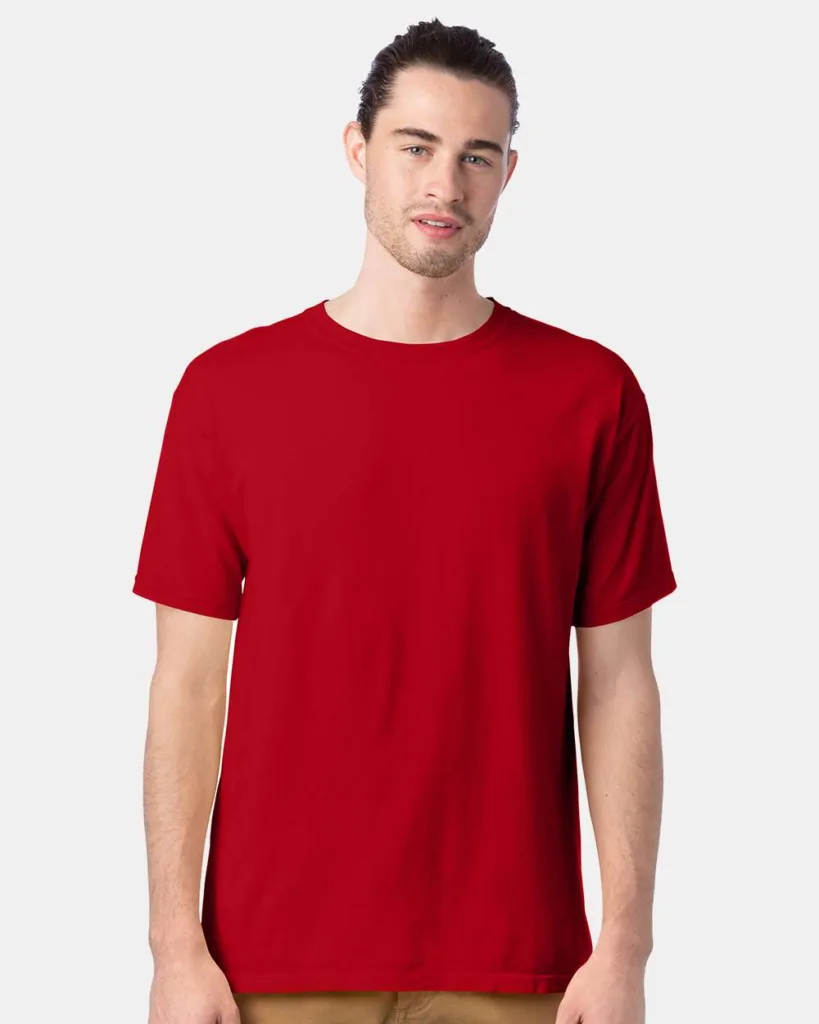 Man in deep red Hanes ComfortWash Men's Ringspun branded t-shirt with modern fit for affordable promotional apparel