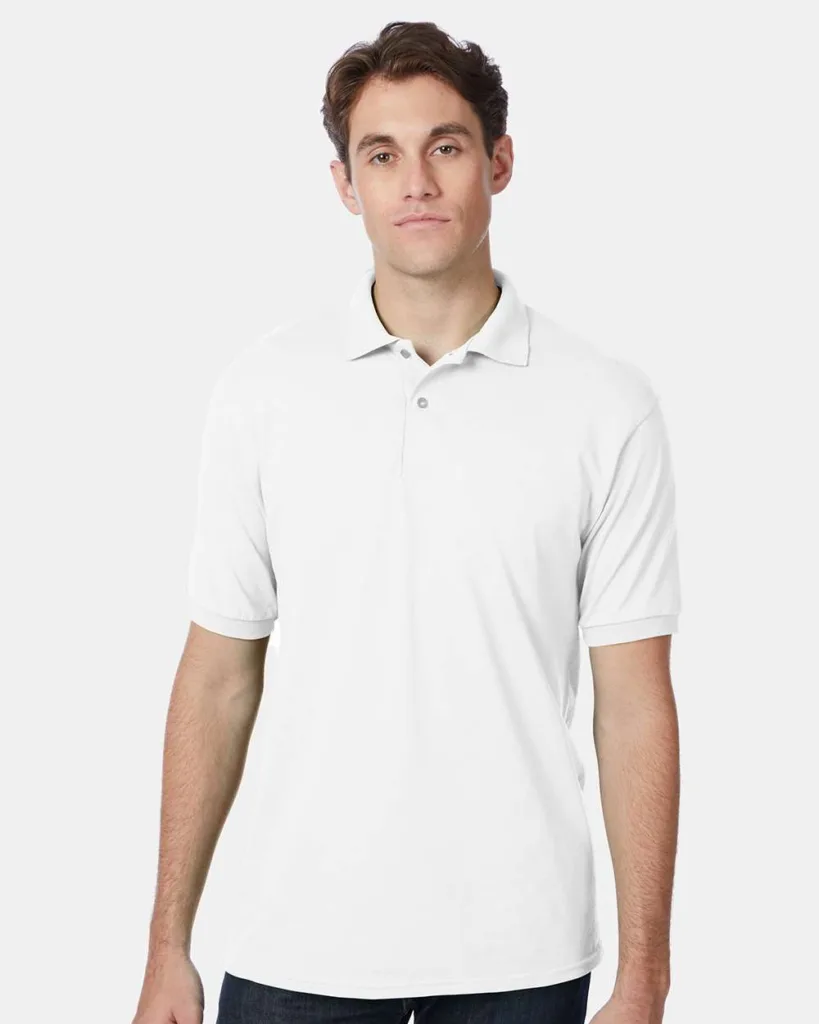 Hanes jersey knit men's polo shirt in white with welt collar and two-button placket