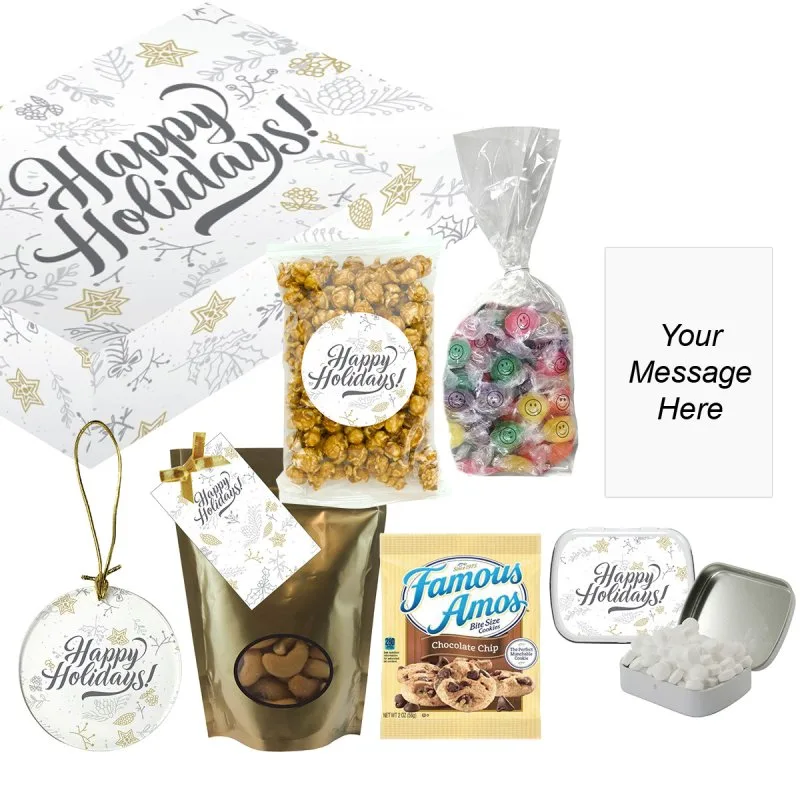 Happy Holiday gift set with cookies, popcorn, candy and a custom card