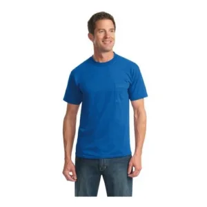 Man wearing royal blue JERZEES cotton-poly blend pocket t-shirt for durable custom workwear branding