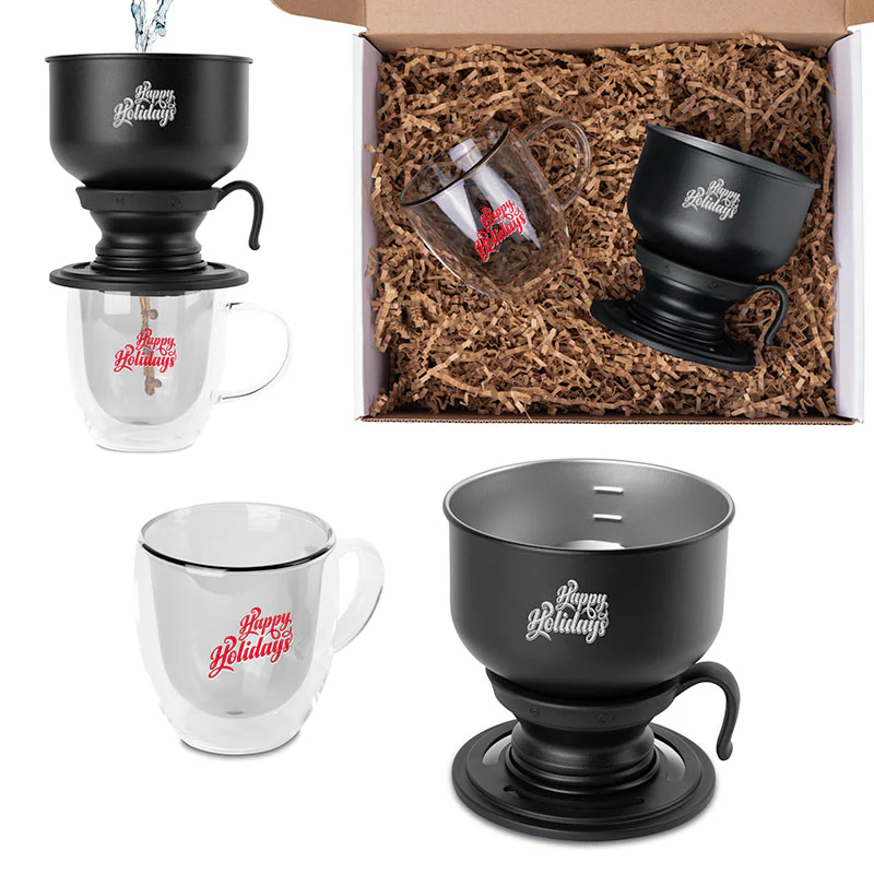 Coffee gift set with branded stainless steel pour-over drip coffee maker and double-wall borosilicate glass mug